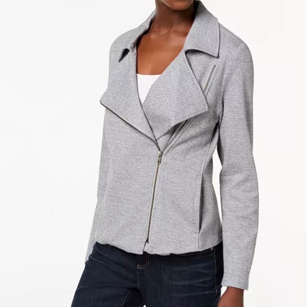 Eileen Fisher Women's Herringbone Cotton Knit Moto Jacket Medium Gray